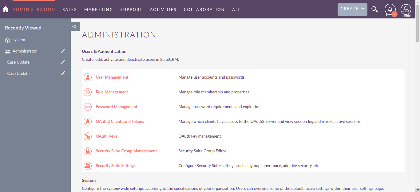 Administration page suitecrm system email 1