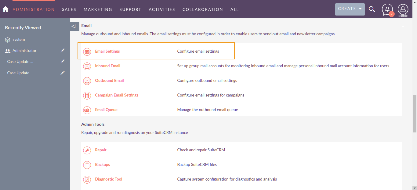 Email Settings link suitecrm system email 2