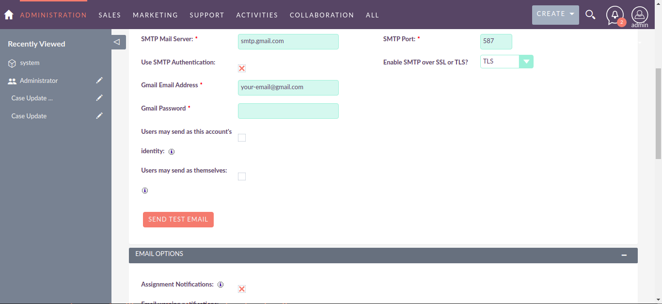 Send Test Email suitecrm system email 4